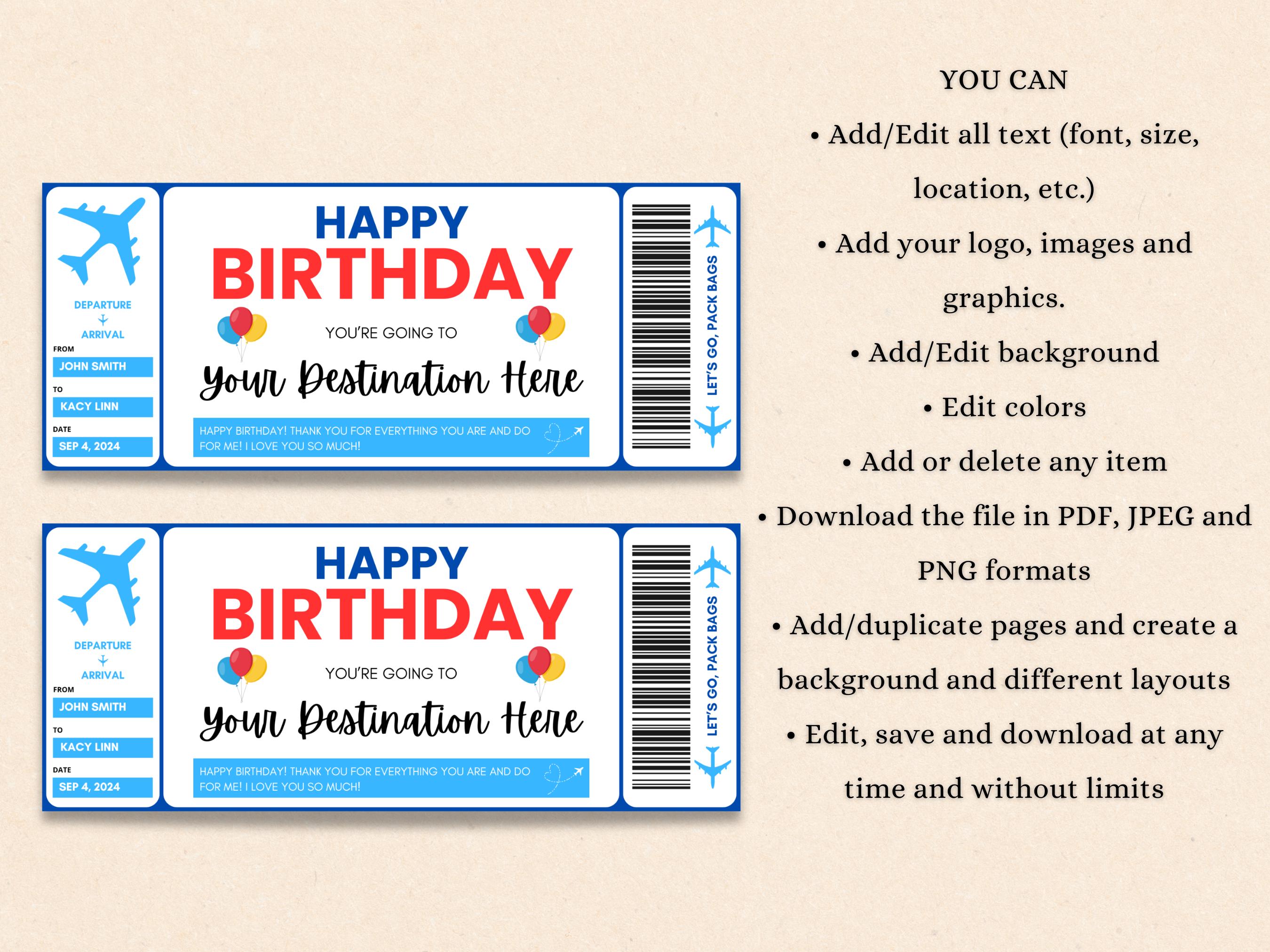 Birthday Boarding Pass Template Editable| Customizable Ticket for ...