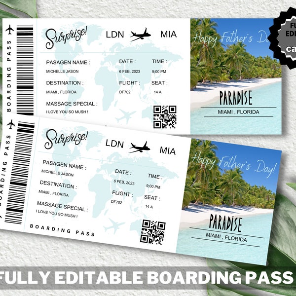 Surprise Travel Ticket Gift, Surprise Trip, Gift Voucher Certificate Ticket Template for any occasion - Editable in Canva / Printable
