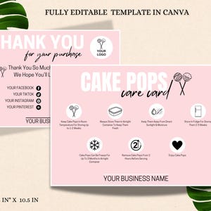 Op de afbeelding: Roze en witte printbare verzorgingskaart voor cake pops. De kaart bevat instructies voor het bewaren, invriezen en serveren van cake pops. De kaart bevat ook ruimte voor uw bedrijfsnaam, logo en social media links.