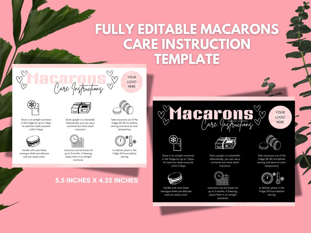 Editable Macarons Care Card Template, Macarons Care Insert, Minimalis ...
