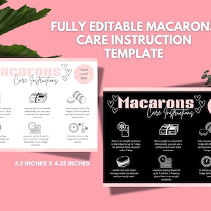 Könnte beinhalten: Eine rosa und schwarze druckbare Anleitung für die Pflege von Macarons. Die Vorlage enthält Anweisungen zum Aufbewahren, Einfrieren und Servieren von Macarons. Die Vorlage ist 5,5 Zoll mal 4,25 Zoll groß.