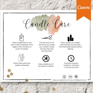 Kerzenpflege Kartenvorlage, bearbeitbar und zur Verwendung mit Canva - Instant Download - Printable für Business, Aquarell, Anweisungen, Sicherheit, Design
