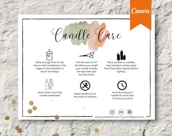 Candle Care Card Template, Editable and Use with Canva - Instant Download - Printable for Business, Watercolor, Instructions, Safety, Design
