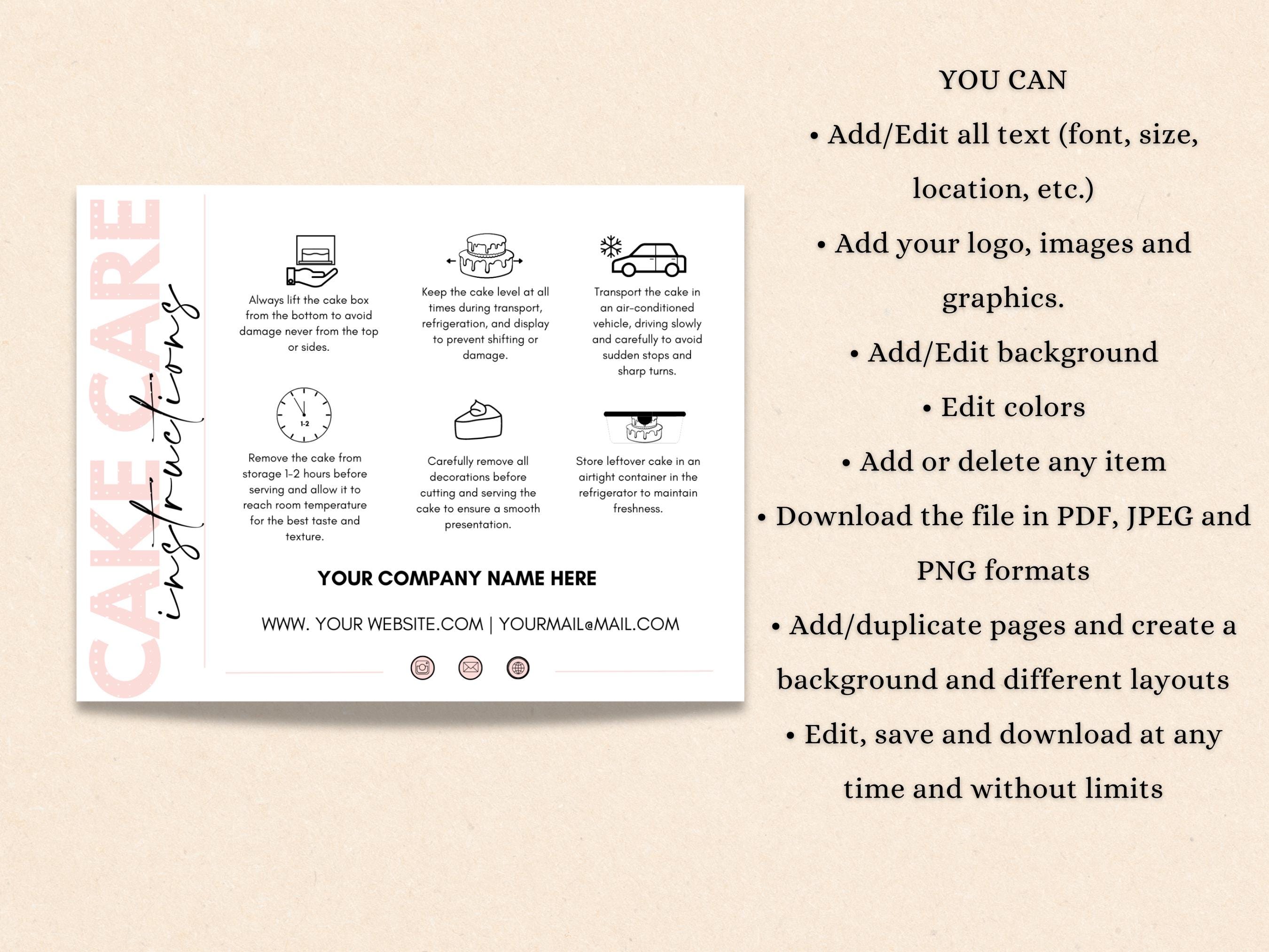 Editable Cake Care Instruction Template | Customizable Printable Guide ...