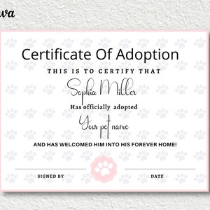 Editable certificate of adoption animal, pet adoption certificate template, printable certificate of adoption day of your pet Canva
