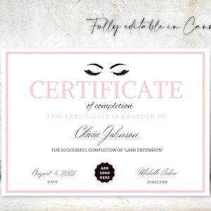 Editable Certificate Of Completion, Training Certificate Template, Printable Makeup Artist Lashes Certificate, Canva Template, Lash Course