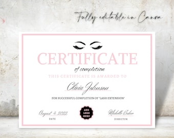 Editable Certificate Of Completion, Training Certificate Template, Printable Makeup Artist Lashes Certificate, Canva Template, Lash Course