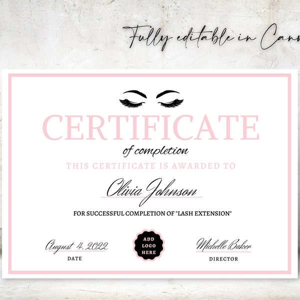 Editable Certificate Of Completion, Training Certificate Template, Printable Makeup Artist Lashes Certificate, Canva Template, Lash Course