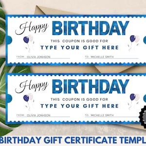 Happy Birthday Gift Certificate Template, Custom Birthday Gift Coupon, Editable Birthday Ticket, Printable Birthday Canva Template.