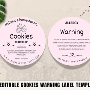 Plantilla de etiquetas de advertencia de cookies editables Plantilla Canva Etiqueta de ley rural Etiquetas de alimentos de panadería Etiqueta de ingredientes Etiqueta de alimentos imprimible