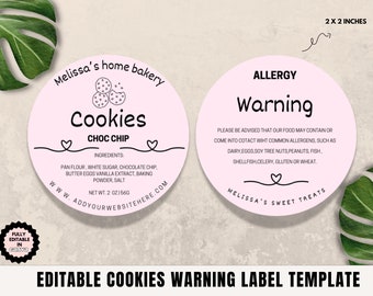 Editable Cookie Warning Labels Template Canva Template Cottage Law Label Bakery Food Labels Ingredients Labe Printable Food Label