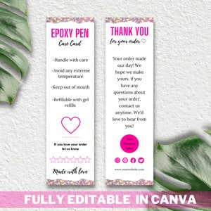 May include: A pink and white care card for epoxy pens. The card includes instructions for handling the pen, such as avoiding extreme temperatures and keeping it out of the mouth. It also mentions that the pen is refillable with gel refills. The card includes a heart icon and the text "Made with love".