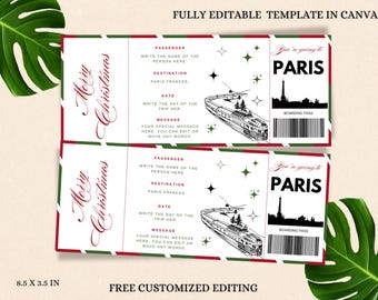 May include: A printable Christmas gift tag designed to look like a vintage train ticket. The tag features a red and green striped background with the words "Merry Christmas" in red cursive script. The tag also includes a black and white illustration of a train, a text box for the passenger's name, a destination box that says "Paris, France", a date box, a message box, and a boarding pass with a barcode. The tag is 8.5 inches by 3.5 inches.