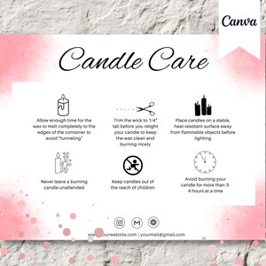 Kerzenpflege Kartenvorlage, bearbeitbar und zur Verwendung mit Canva - Instant Download - Printable für Business, Aquarell, Anweisungen, Sicherheit, Design