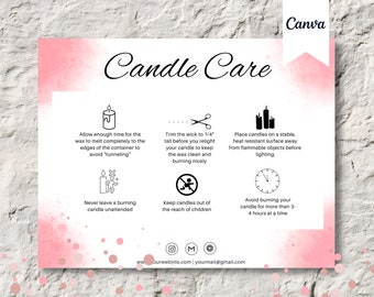 Candle Care Card Template, Editable and Use with Canva - Instant Download - Printable for Business, Watercolor, Instructions, Safety, Design