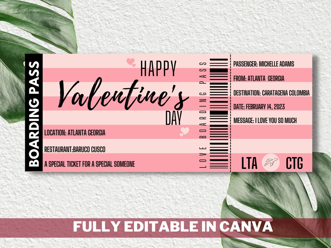 Valentine Boarding Pass Template,valentine's Day Surprise Boarding Pass ...