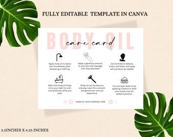 Plantilla editable de tarjeta de cuidado de aceite corporal / Guía de aplicación de aceite seco / Plantilla de Canva con instrucciones de cuidado de suero corporal imprimible / TDD-05