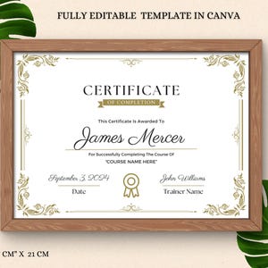 May include: A framed certificate with a wooden border. The certificate has a white background with gold decorative elements. Text includes "CERTIFICATE OF COMPLETION" and "James Mercer". The dimensions are 29.7 cm x 21 cm.