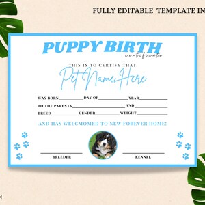 Sjabloon geboorteakte puppy | Bewerkbare en onmiddellijke download aangepaste sjabloon geboorteakte puppy | DIY bewerkbaar ontwerp afdrukbare puppy