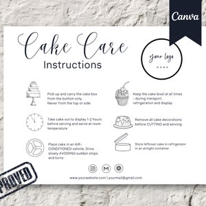 ケーキのお手入れカードのテンプレート、Canvaで編集可能なウェディングケーキのお手入れカード、印刷可能なケーキのお手入れガイド、デジタルデザイン2024