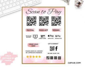 Scan and pay with this Printable QR Code Sign Editable White and Pink Template, Scan to Pay, Payment Template, Paypal Sign