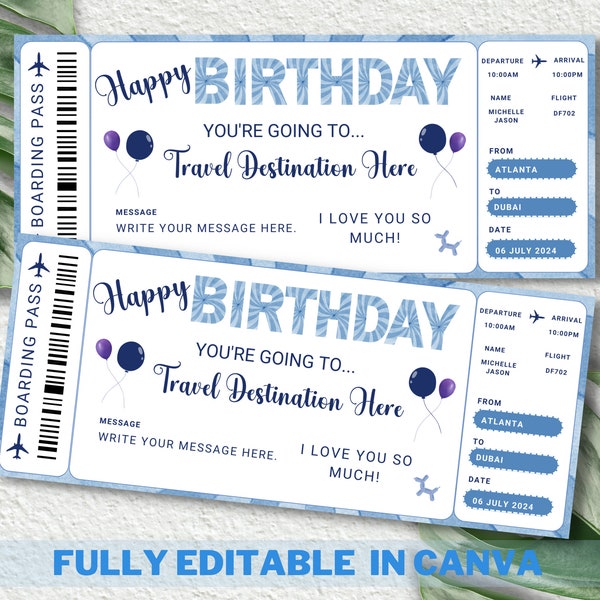Happy Birthday Gift Boarding Pass Template - Printable Birthday Gift Ticket, Birthday Plane Ticket for boys and girls, Gift Voucher