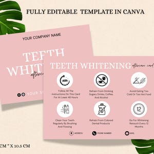 de Carte de visite modifiable pour le blanchiment des dents | Instructions d'entretien après traitement personnalisables | Guide imprimable pour les cliniques dentaires Cava