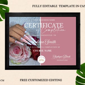 Plantilla de Certificado de Técnico en Uñas - Diploma de Curso de Uñas Editable - Certificación de Arte de Uñas Imprimible - Descarga Instantánea