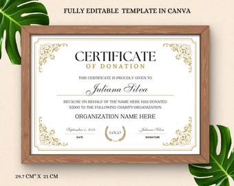 Editable Certificate of Donation Template | Customizable Charity & Fundraiser Appreciation Certificate | Printable PDF Canva Appreciation.