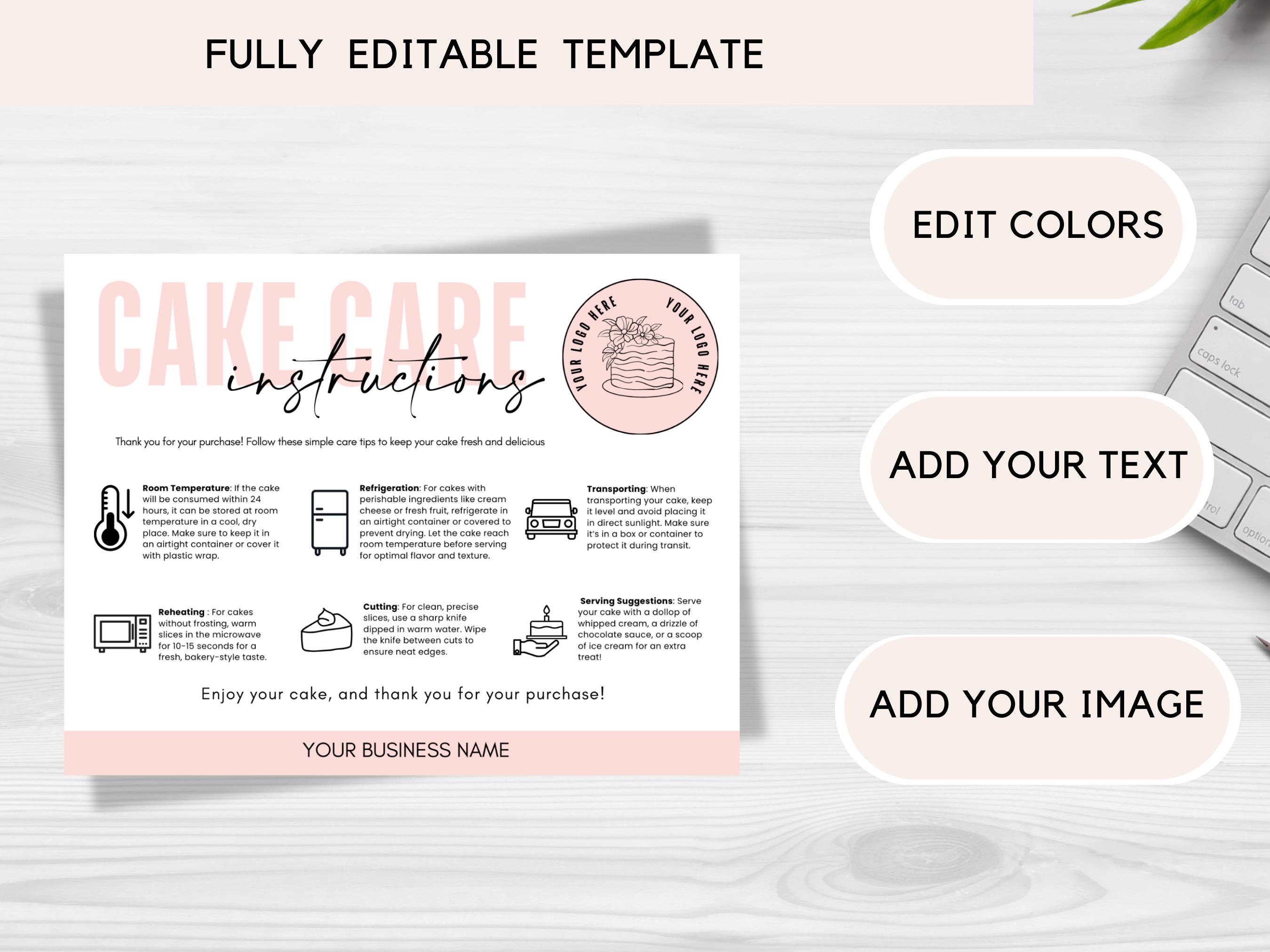 Editable Cake Care Card Template | Cake Care Guide | Printable Cake ...