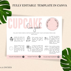 Editable Cupcake Care Card Template | Minimalist Muffin Care Guide |Fresh Cupcake Instructions | Fully customizable, Instant Download. canva