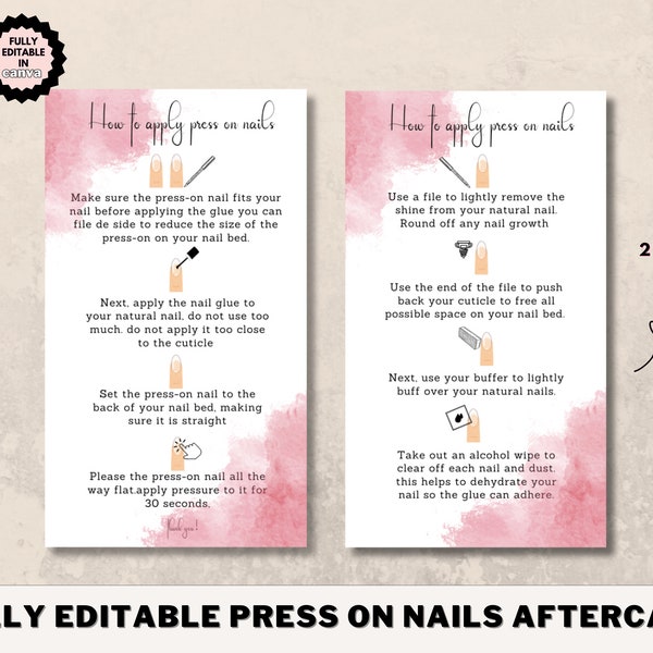 Editable Press on Nails Aftercare Template, Printable Manicure Instructions, Aftercare Tips, Beauty Salon, Minimalist  Business Card Tips