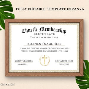 Plantilla editable de certificado de membresía de la iglesia / Certificado de membresía religiosa imprimible / Personalizable para la bienvenida y el reconocimiento de la iglesia