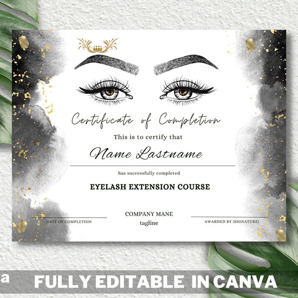 Lash Certificate of Completion Template - Editable Eyelash Printable - Instant Digital Download - 2023 beauty class training, lashes Course