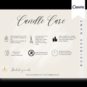 Kerzenpflege Kartenvorlage, bearbeitbar und zur Verwendung mit Canva - Instant Download - Printable für Business, Aquarell, Anweisungen, Sicherheit, Design