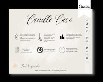 Candle Care Card Template, Editable and Use with Canva - Instant Download - Printable for Business, Watercolor, Instructions, Safety, Design