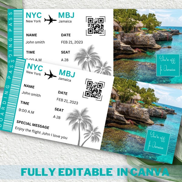 Plantilla de tarjeta de embarque editable, billete de embarque imprimible, viaje sorpresa de tarjeta de embarque de Canva, billete de avión Canva, descarga digital