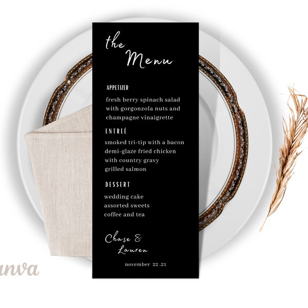 Minimalist Wedding Menu Template - Modern Calligraphy - Instant Download - Printable Dinner Menu - bridal shower, reception - Editable, DIY