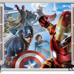3D Hero Window Effect, Spider Man 3D Window Wall  Decal, Hero Wall Mural, , Hulk Decal, Captain America Decal