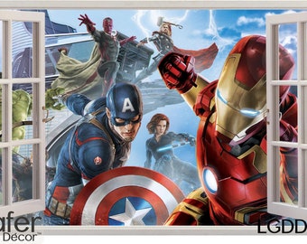 3D Hero Window Effect, Spider Man 3D Window Wall  Decal, Hero Wall Mural, , Hulk Decal, Captain America Decal