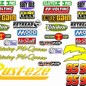 May include: A collection of decals featuring various automotive-themed logos and text. Includes "Clutch Aid," "Octane Gain," "Lightning McQueen," and "Rust-eze." The color palette is vibrant, with red, yellow, green, and blue.