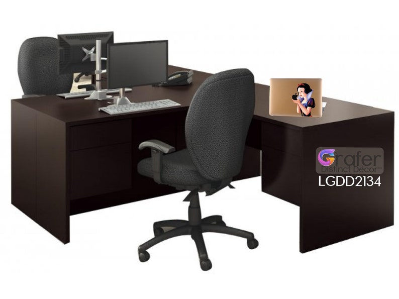 May include: A dark brown L-shaped desk with a black office chair, two computer monitors, a keyboard, and a laptop with a Snow White sticker on the lid. The desk has a drawer and the text "Grafer Distinct Decor" and "LGDD2134" are printed on the desk.