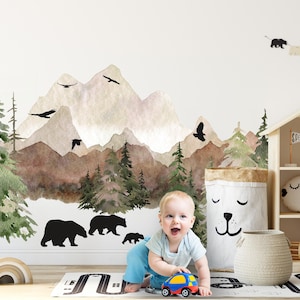 Mama Bear Woodland Nursery Decal: Pine Tree, Deer & Birds Vinyl Wall Art