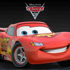May include: A red cartoon race car with a wide smile and large blue eyes. The car has the number 95 on the side and the words "Disney Pixar Cars 2" above it.