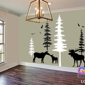Moose Woodland Nursery Decal, Pine tree decal, Vinyl Wall Decal, Nature Forest, Woodland animals, dear bear, birds, Kids bedroom decal