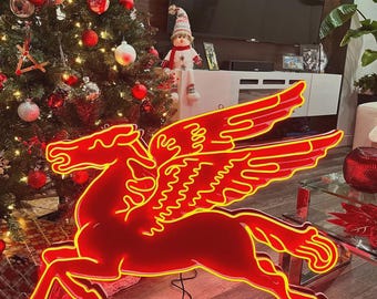 Neon Pegasus Signs, Neon Gas Station Sign, Antique Vintage, Garage Décor, Aluminum Pegasus Gas Station Signs, Caveman Signs, Red Pegasus