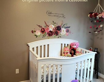 Watercolor Rose Garden Bouquet- Watercolor Floral Wall Decals- Nursery Flowers Blossoms Decals- Pink White Roses, Peonies Blooms decal