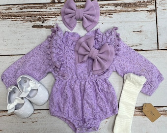 Toddler Girl Valentines or Easters Outfit | Newborn Girl Coming Home Outfit | Infant Girl Clothes | Long Sleeve Purple Lace Romper