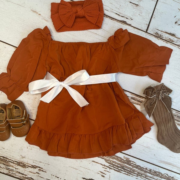 Rustic orangish brown fall dress for toddler girl | Boho brown dress for baby girl | Orange pumpkin spice autumn dress, ginger