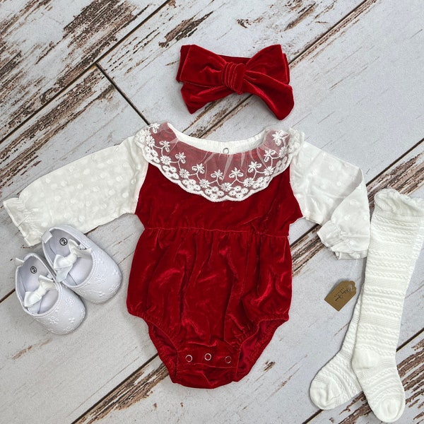 Toddler girl Christmas outfit romper | Baby girl Christmas clothes | Red velvet and white lace baby girl romper for Christmas